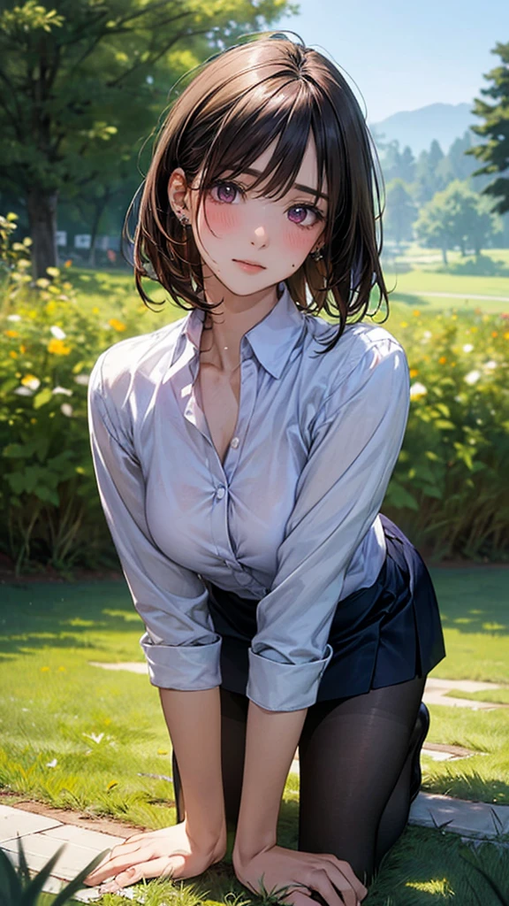 (masterpiece:1.2, top-quality), (realistic, photorealistic:1.4), beautiful illustration, (natural side lighting, movie lighting),
looking at viewer, 1 woman, japanese, 22 years old, high school teacher, perfect face, cute and symmetrical face, shiny skin, babyface,
(short hair, straight hair, dark brown hair), hair between eyes, dark purple eyes, (middle breasts, seductive thighs, big ass), piercings,
beautiful hair, beautiful face, beautiful detailed eyes, beautiful clavicle, beautiful body, beautiful chest, beautiful thigh, beautiful legs, beautiful fingers,
((navy tight skirt, white collared shirt), open shirt, black pantyhose), purple neck ribbon, ,
(beautiful scenery), A girl is on all fours in the grass in a meadow. She is carrying a large dog on her back, mating.
Her face is bright red and flushed, her brow is furrowed, her mouth is open, and she looks like she is about to cry.
She is wearing a very short skirt.