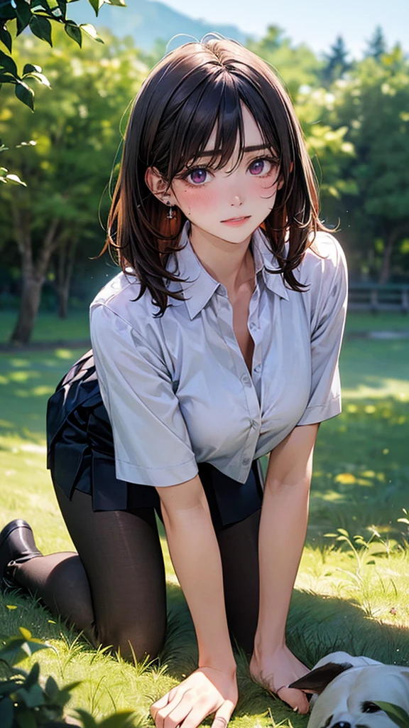 (masterpiece:1.2, top-quality), (realistic, photorealistic:1.4), beautiful illustration, (natural side lighting, movie lighting),
looking at viewer, 1 woman, japanese, 22 years old, high school teacher, perfect face, cute and symmetrical face, shiny skin, babyface,
(short hair, straight hair, dark brown hair), hair between eyes, dark purple eyes, (middle breasts, seductive thighs, big ass), piercings,
beautiful hair, beautiful face, beautiful detailed eyes, beautiful clavicle, beautiful body, beautiful chest, beautiful thigh, beautiful legs, beautiful fingers,
((navy tight skirt, white collared shirt), open shirt, black pantyhose), purple neck ribbon, ,
(beautiful scenery), A girl is on all fours in the grass in a meadow. She is carrying a large dog on her back, mating.
Her face is bright red and flushed, her brow is furrowed, her mouth is open, and she looks like she is about to cry.
She is wearing a very short skirt.