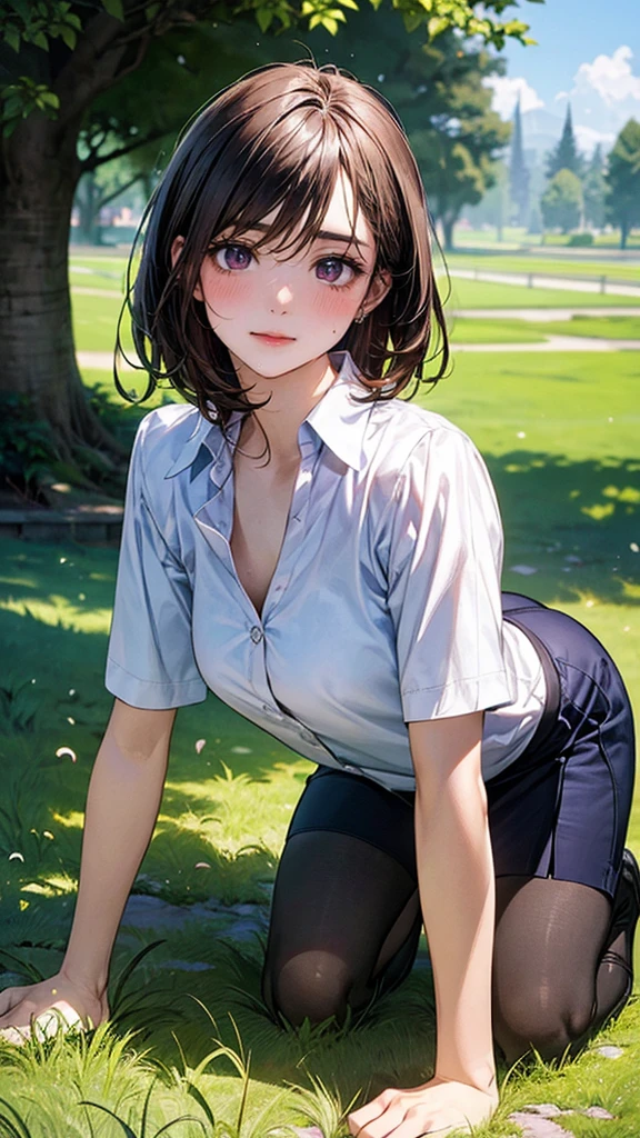 (masterpiece:1.2, top-quality), (realistic, photorealistic:1.4), beautiful illustration, (natural side lighting, movie lighting), 
looking at viewer, 1 woman, japanese, 22 years old, high school teacher, perfect face, cute and symmetrical face, shiny skin, babyface, 
(short hair, straight hair, dark brown hair), hair between eyes, dark purple eyes, (middle breasts, seductive thighs, big ass), piercings, 
beautiful hair, beautiful face, beautiful detailed eyes, beautiful clavicle, beautiful body, beautiful chest, beautiful thigh, beautiful legs, beautiful fingers, 
((navy tight skirt, white collared shirt), open shirt, black pantyhose), purple neck ribbon, , 
(beautiful scenery), A girl is on all fours in the grass in a meadow. She is carrying a large dog on her back, mating.
Her face is bright red and flushed, her brow is furrowed, her mouth is open, and she looks like she is about to cry.

She is wearing a very short skirt.
