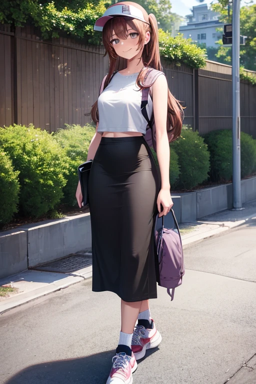 1girl, woman walking, wearing gray t-shirt, crop top, black midi pencil skirt, long skirt, sneakers, socks, outdoors, garden, summer, sweat, long brown hair, looking at viewer, full body, smile, blush, wearing visor and backpack