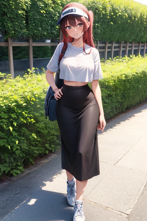 1girl, woman walking, wearing gray t-shirt, crop top, black midi pencil skirt, long skirt, sneakers, socks, outdoors, garden, summer, sweat, long brown hair, looking at viewer, full body, smile, blush, wearing visor and backpack