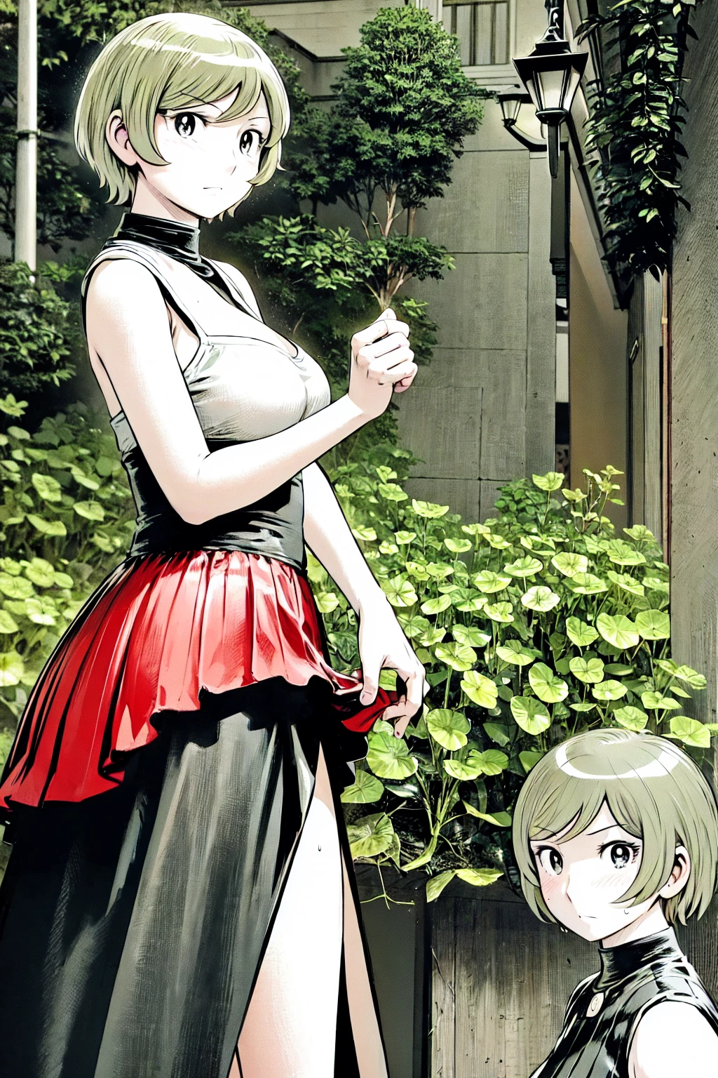 、(masterpiece、Highest quality)、Highest quality, Ultra-high resolution, (((masterpiece))), alone, Sweat、Big eyes, Sleeveless、Outdoor、Floral Dress、Composition from the front、(後ろCut your hair short、short hair、blonde、woman)、Shortcuts、Embarrassed face、Cut your hair short、可愛いwomanの子、Big Breasts、Browsing Caution