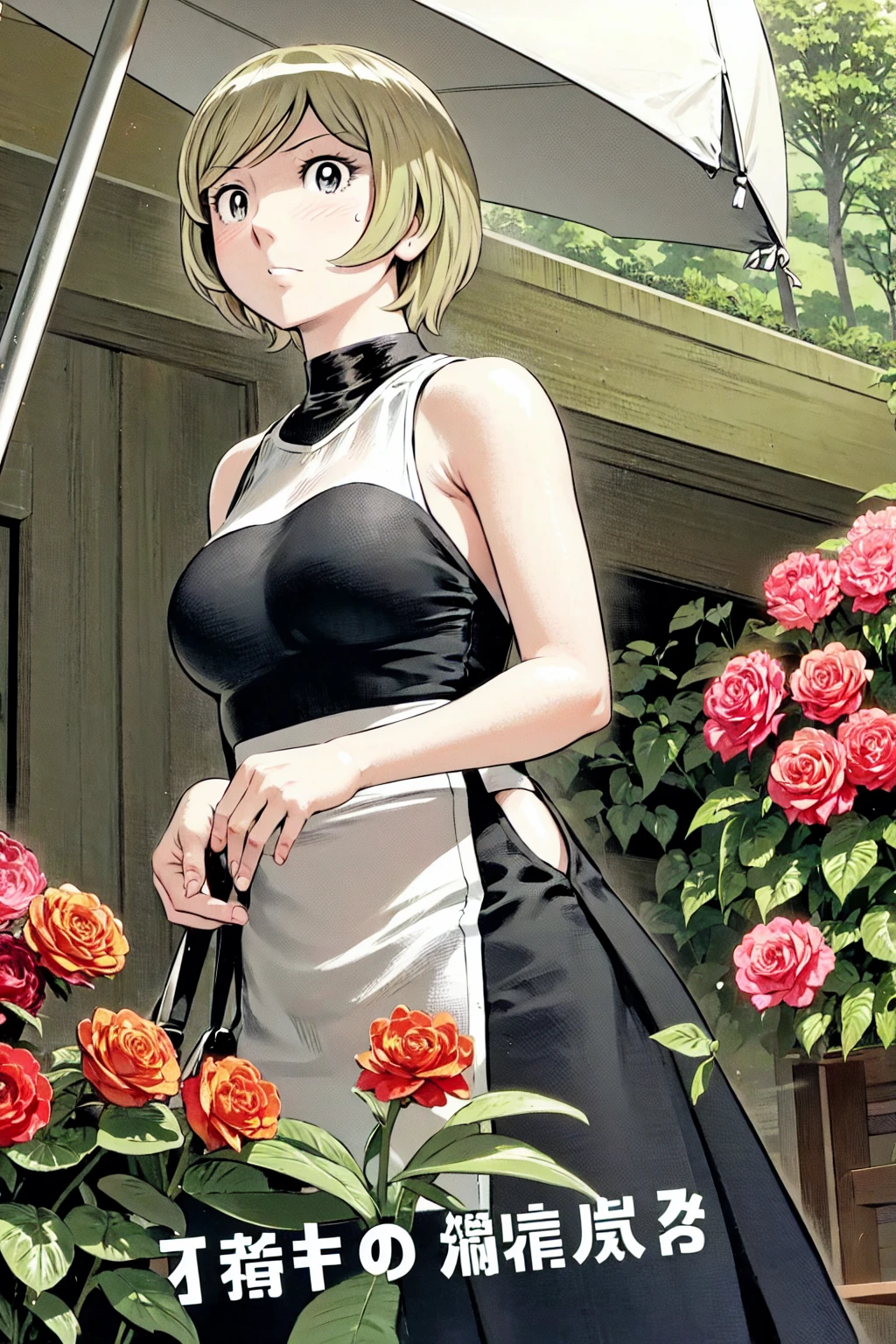 、(masterpiece、Highest quality)、Highest quality, Ultra-high resolution, (((masterpiece))), alone, Sweat、Big eyes, Sleeveless、Outdoor、Floral Dress、Composition from the front、(後ろCut your hair short、short hair、blonde、woman)、Shortcuts、Embarrassed face、Cut your hair short、可愛いwomanの子、Big Breasts、Browsing Caution