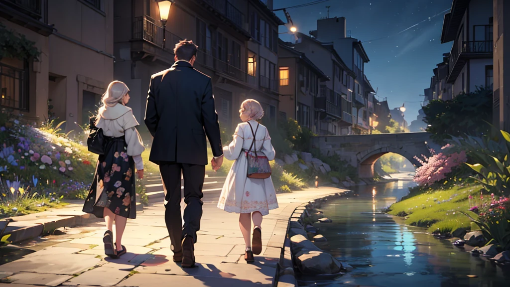 ((best quality)), ((work of art)), ((detailed)), 3 friends, one man and two women, walking in a flowered park, facing a river, seen from behind, at night