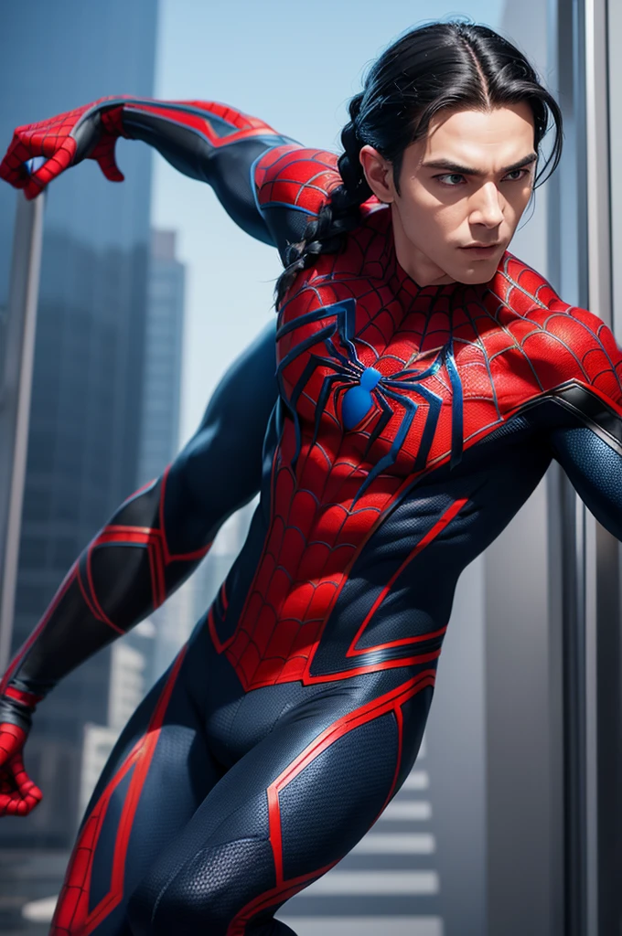 Homen black, hair with braid,Spider-Man outfit in black with blue and red gradient details,without mask