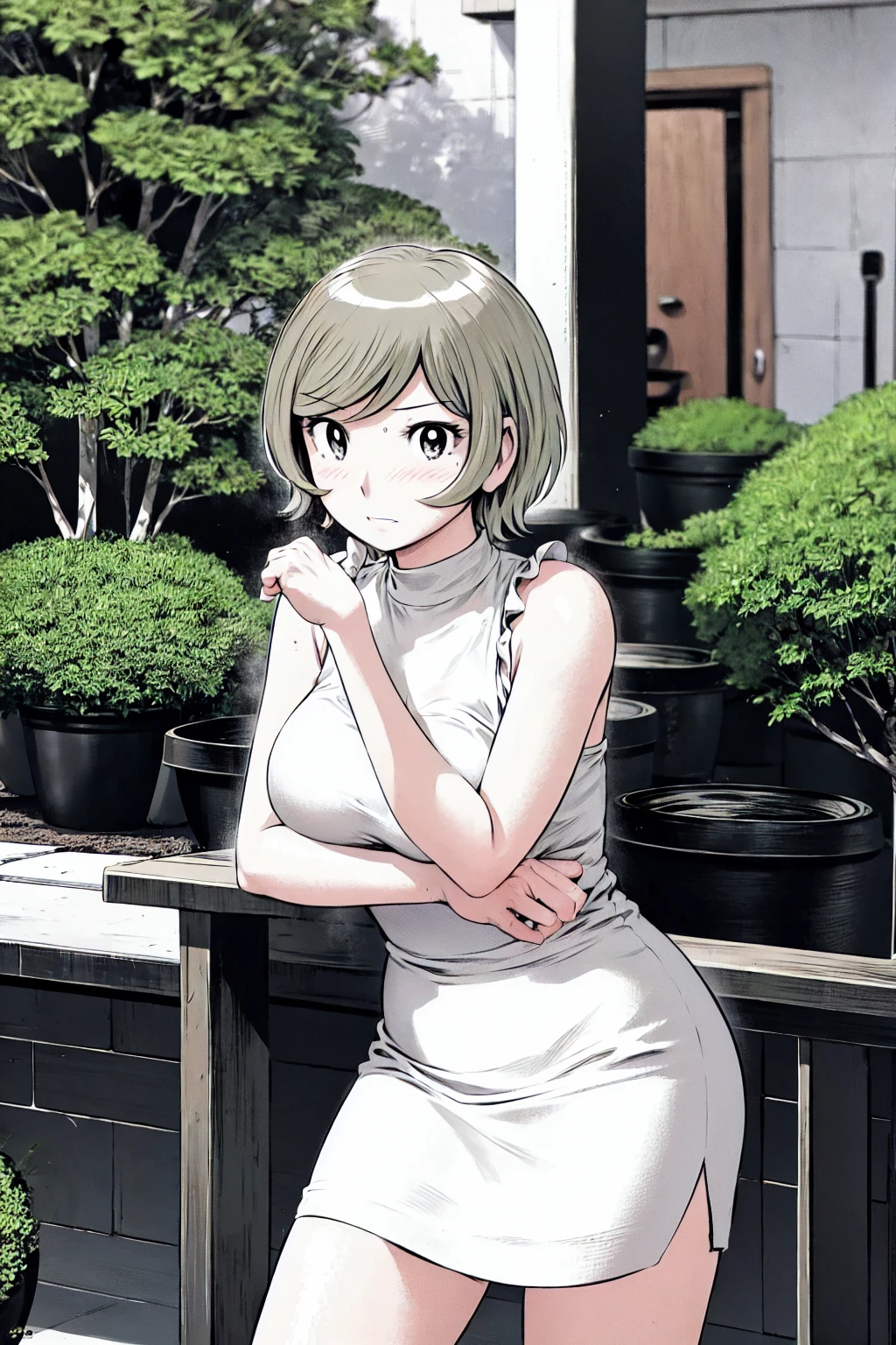 、(masterpiece、Highest quality)、Highest quality, Ultra-high resolution, (((masterpiece))), alone, Sweat、Big eyes, Sleeveless、Outdoor、Floral Dress、Composition from the front、(後ろCut your hair short、short hair、blonde、woman)、Shortcuts、Embarrassed face、Cut your hair short、可愛いwomanの子、Big Breasts、Browsing Caution