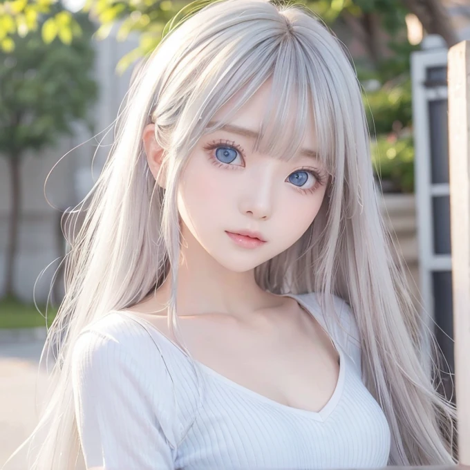 silver shiny hair、Super long straight silky hair、Dazzling blonde super long silky hair、 cute little beautiful face、A beautiful girl、Sparkling blonde dancing in front of a pretty face、Long, silky bangs that cover the space between the eyes、Very beautiful, bright, large, light blue eyes、Very big eyes、Hair that hides the face、Sexy pretty young woman with super long bangs、Very white skin、Cheek gloss highlighter、Small Face Beauty、Round face、Cute Shirts、Ample Bust, embarrassed face、Skinny jeans and t-shirt、