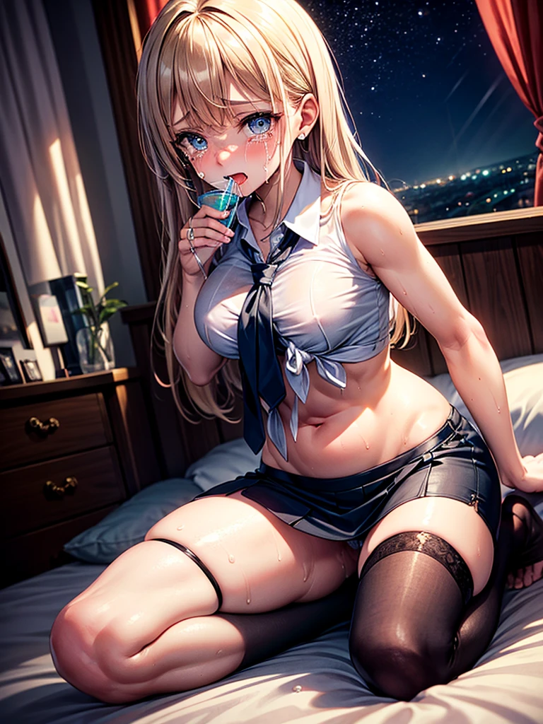 Highest quality,Highest Resolution,A beautiful American girl with a crying face holding a drink,Belly button,Abdominal muscles,mini skirt,Knee-high stockings,sweat profusely,Very beautiful eyes,(((Tie the length of your clothes))),front,whole body,Tears,Dripping saliva,Bedroom,Night view outside the window,
