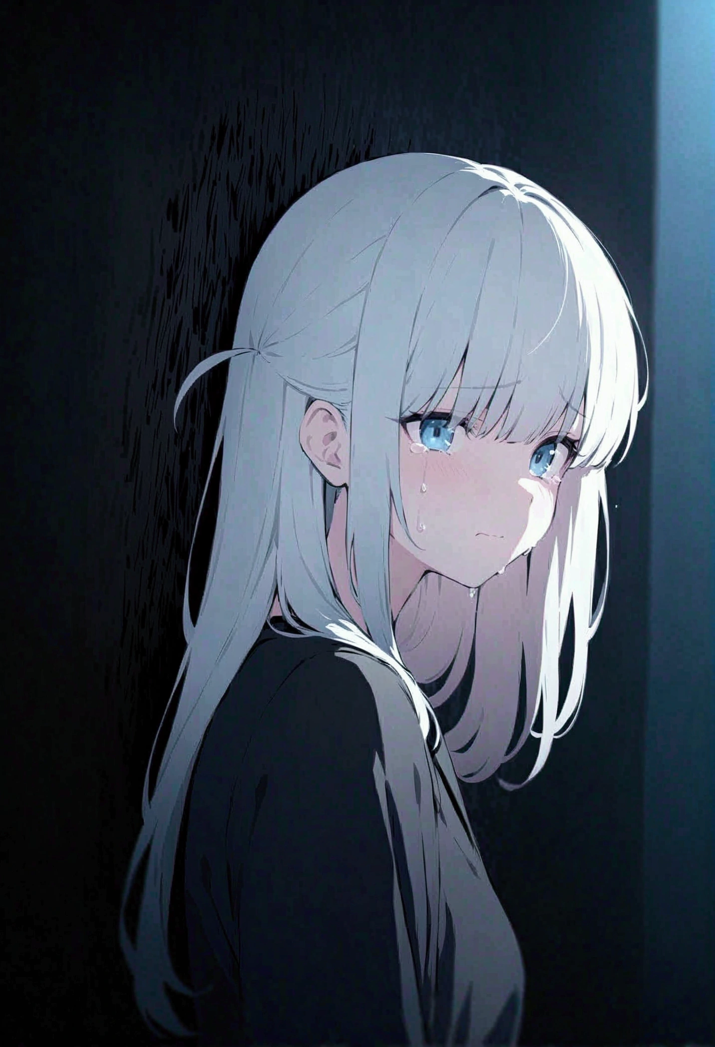 cinematographic drawing,a woman crying, long white hair,just the face,UHD, high resolution, Blurred Background,Dark theme, solitary, dark environment,