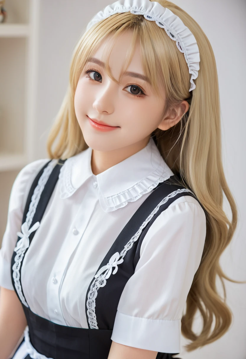 18 years old beautiful girl, big eyes, Large Breasts, tiny and cute, 8K, Top quality, (Very detailed head: 1.0), (Very detailed face: 1.0), (Very detailed head发: 1.0), Maid uniform, Highly detailed official artwork, Anime cute art style, Clean and detailed anime art, Smile, blond, Long smooth hair