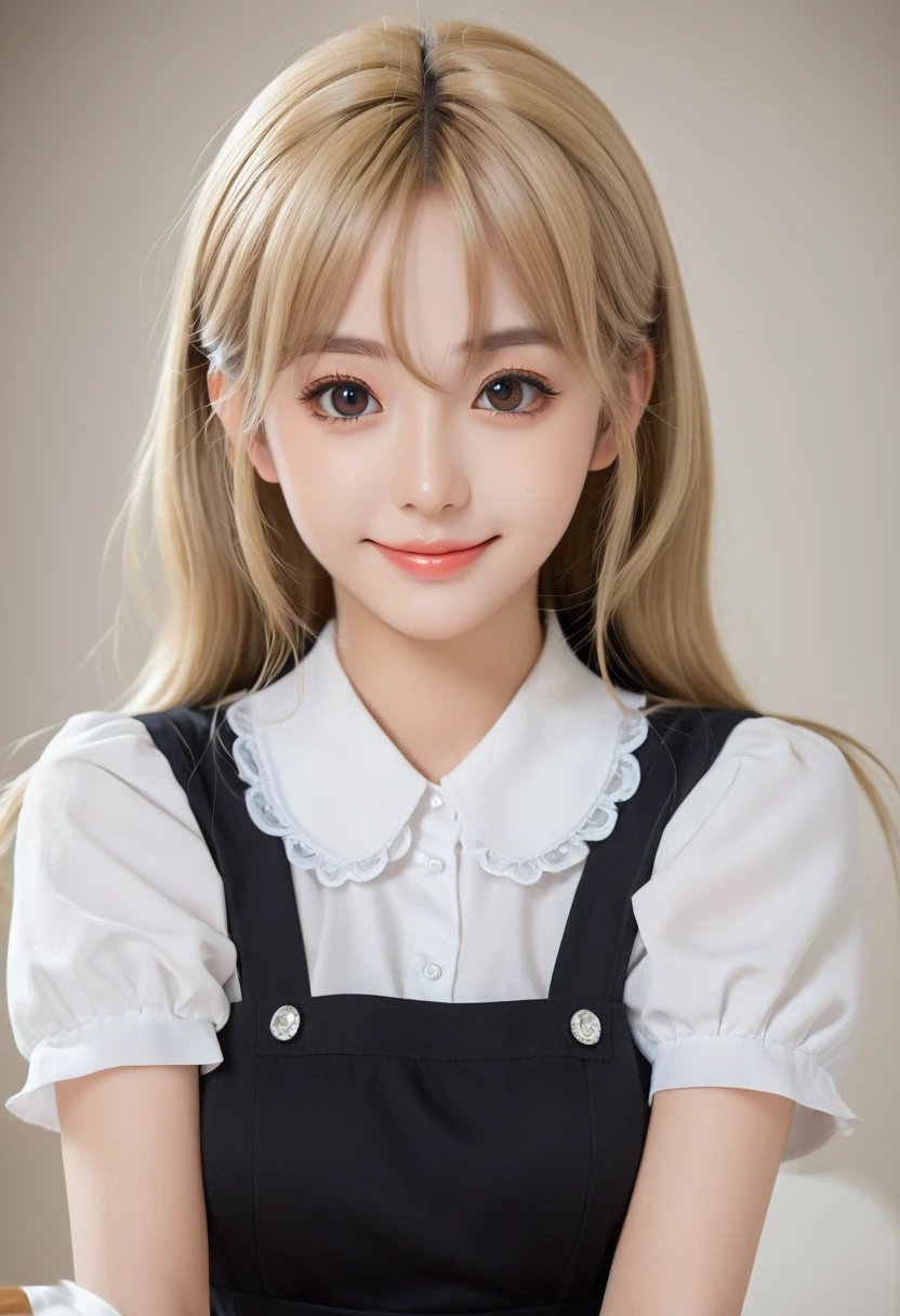 18 years old beautiful girl, big eyes, Large Breasts, tiny and cute, 8K, Top quality, (Very detailed head: 1.0), (Very detailed face: 1.0), (Very detailed head发: 1.0), Maid uniform, Highly detailed official artwork, Anime cute art style, Clean and detailed anime art, Smile, blond, Long smooth hair