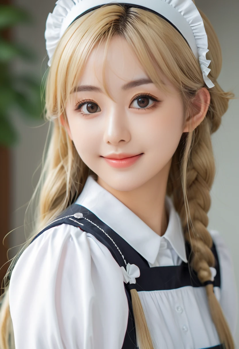 18 years old beautiful girl, big eyes, Large Breasts, tiny and cute, 8K, Top quality, (Very detailed head: 1.0), (Very detailed face: 1.0), (Very detailed head发: 1.0), Maid uniform, Highly detailed official artwork, Anime cute art style, Clean and detailed anime art, Smile, blond, Long smooth hair
