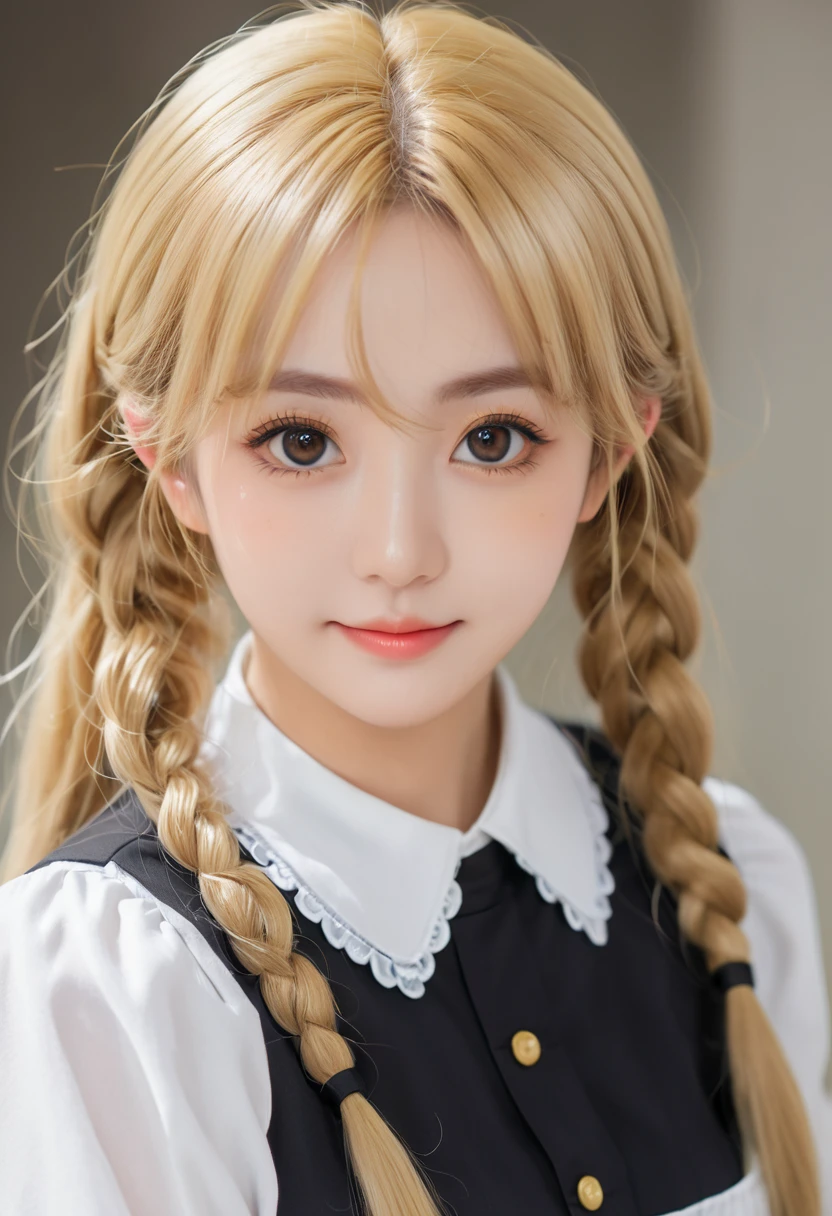 18 years old beautiful girl, big eyes, Large Breasts, tiny and cute, 8K, Top quality, (Very detailed head: 1.0), (Very detailed face: 1.0), (Very detailed head发: 1.0), Maid uniform, Highly detailed official artwork, Anime cute art style, Clean and detailed anime art, Smile, blond, Long smooth hair