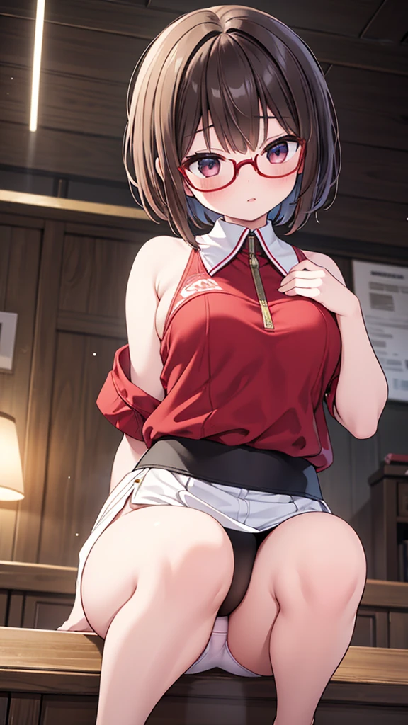 18-year-old、pretty girl , slender、Short brown hair,,squat、mischief、 Steam rises around her, Shooting from below, One Girl, Very short hair, Red frame glasses、White underwear , Everyday Style, Highest quality, 4K, 8K, High resolution, masterpiece:1.2, Very detailed, Realistic, photoRealistic, photo-Realistic:1.37, High resolution, 超High resolution, Studio Lighting, Ultra-fine painting, Sharp focus, Physically Based Rendering, Very detailed説明, Professional, Vibrant colors, Bokeh
