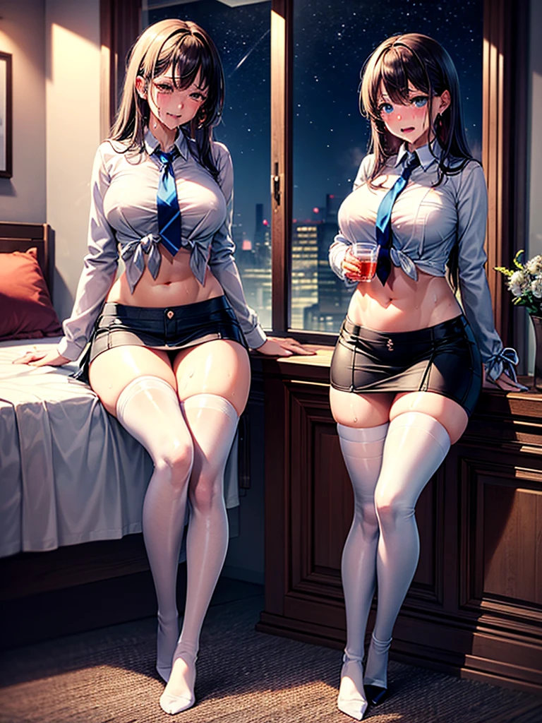 Highest quality,Highest Resolution,A beautiful American girl with a crying face holding a drink,Belly button,Abdominal muscles,mini skirt,Knee-high stockings,sweat profusely,Very beautiful eyes,(((Tie the length of your clothes))),front,whole body,Tears,Dripping saliva,Bedroom,Night view outside the window,
