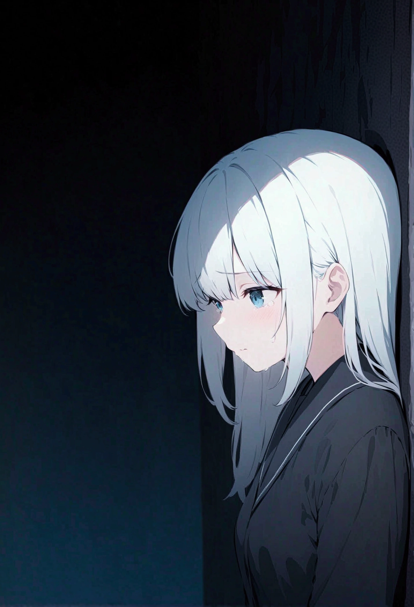 cinematographic drawing,a woman crying, long white hair,just the face,UHD, high resolution, Blurred Background,Dark theme, solitary, dark environment,