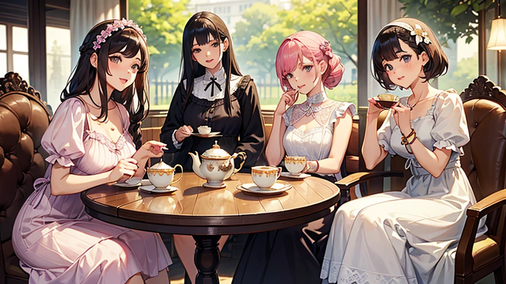 Highest quality、High resolution、Detailed Background、(Beautiful face in every detail:1.4)、Anatomically correct、(Detailed facial expressions)、(Detailed eyes:1.2)、Teenage beauty、(Highly detailed face:1.4)、Cute hair colour、Braided Ponytail、Bobcut、Braided long hair、Wavy Hairstyle、well-groomed eyebrows、Cute Eye Makeup、Cute Lip Makeup、Calm atmosphere、Happy expression、smile、Laughter、Tea time at the cafe、Cute gestures、
(Four women enjoying tea time at a cute cafe:1.5)、
Flared silhouette dress、Camisole dress with frills and lace、
A-line dress with ribbon and flower motif、pink、Pastel Blue、Soft colors such as lavender、white、A clean base color such as beige、
Ribbon and flower hair accessories、Pearl and jewel necklaces、bracelet、
Lace bag、Pumps with ribbon、Suede or velvet short boots、
It's gorgeous but also feminine.