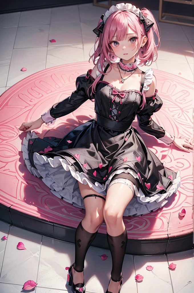 ((Biologically correct limb count)),(( From head to toe,Full-body photo including face)),4K,((Standing position)),masterpiece,((Focus on the face)),((Symmetrical facial features)),Eyes with detailed description,Beautiful woman,Great style,Beautiful arms,Beautiful legs,Beautiful Hands,(Small Ass,Thin thighs),Facial detailing,Small earrings,necklace,(Pink enamel maid outfit、mini skirt((Black high heels,Black patterned stockings))),Realistic photo,Lying on the linoleum floor,Low angle photo,A little panchira,Rose petals are scattered all around、