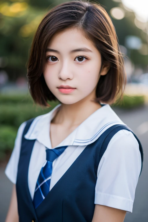 lens: 135mm f1.8,(Highest quality),(Tabletop:1.1), (Beautiful 14 year old Japanese girl), (Moist lips), Narrow eyes, double eyelid,Delicate clavicle,Flat Chest,Very Short Hair、,
(Let me me'Let me'Let's take another look), shame, A faint smile,
(Late night park:1.2), Professional Lighting,
(School Uniform), (Sunburned skin:0.2),Full body photo、Full Body Focus