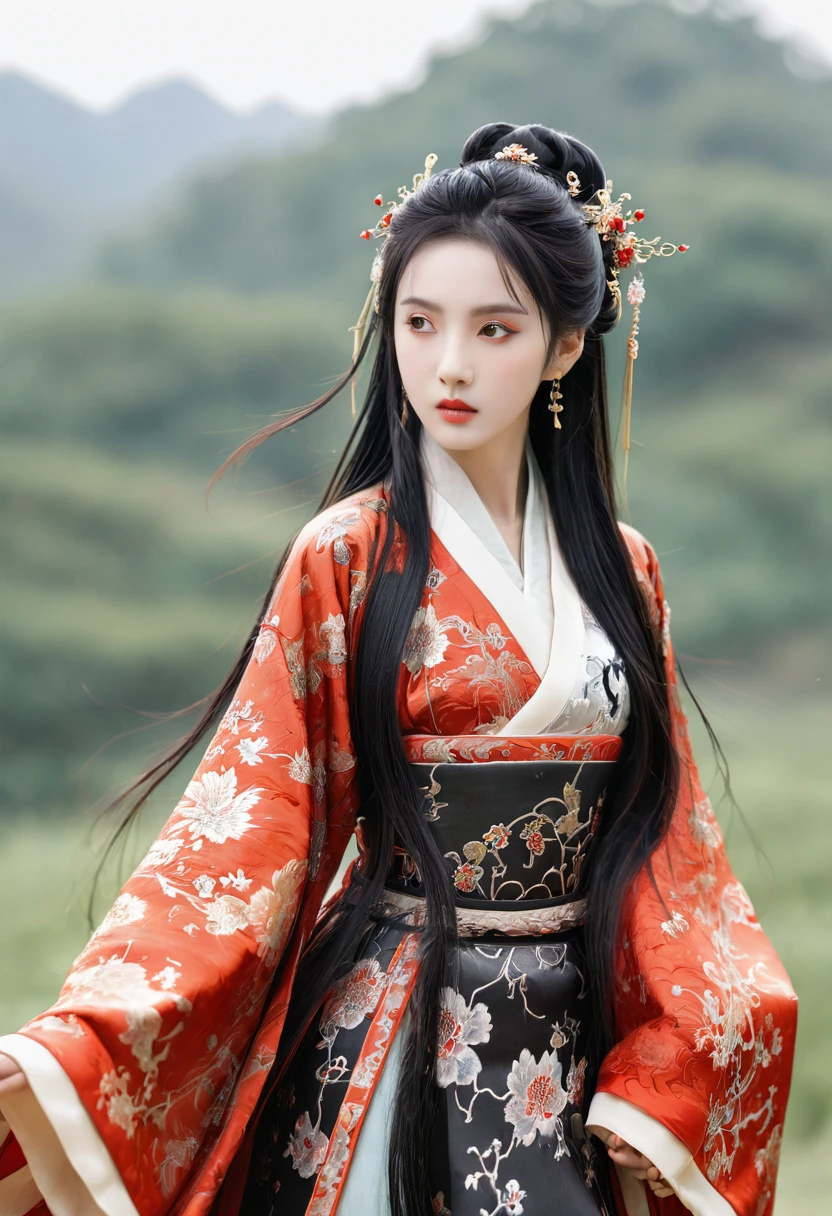 1 girl, Miss, Handsome, ink, Chinese armor, ((2.5D)), Black Hair, Flowing hair, Exquisite eyes, Black and red antique brocade Hanfu, Field of view, (f1.8), (masterpiece), (Portraits), front Photo, White background, (poster)