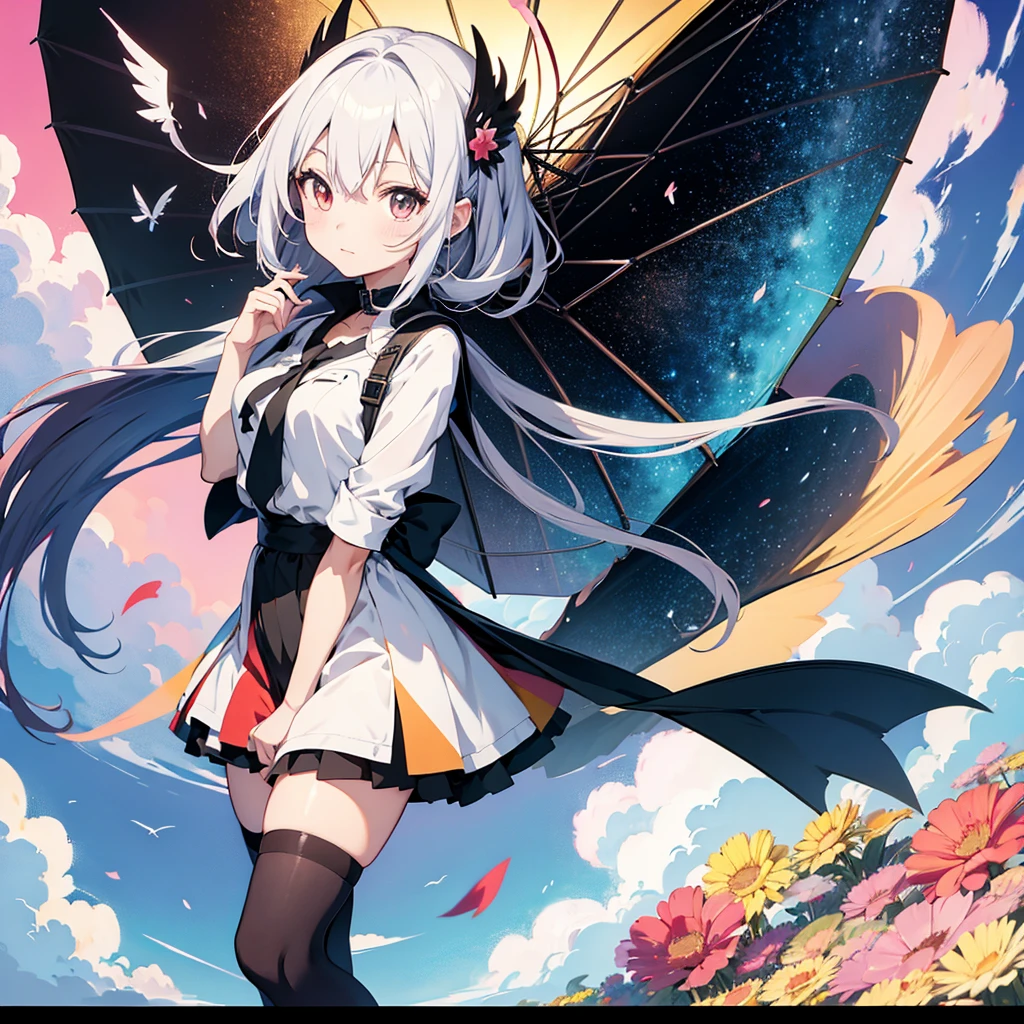 Anime girl with colorful wings and black umbrella,Long white hair, anime art wallpaper 4k, anime art wallpaper 4k, Anime Art Wallpapers 8K, Beautiful anime artwork, Anime Style 4K, anime abstract art, Beautiful anime art, Anime-style artwork, Beautiful anime art style, anime-style art, Anime Color, Anime illustration, Digital art on pixiv, Anime-style illustrations