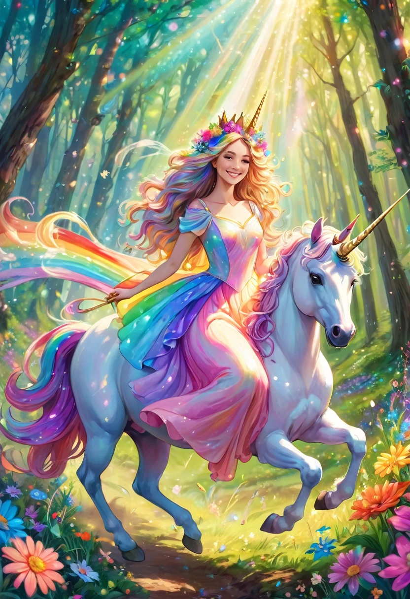 Beautiful goddess riding a unicorn in the forest, crown, colorful pastel flowers, plants, smile, happiness, pastel colored dress, wrapped in rainbow light, fine grains of light, fairy long waves A mysterious world with hair blowing in the wind