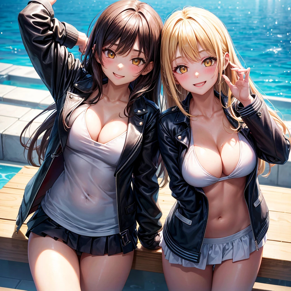 best quality,,smile,blazer,middle School girls,leather jacket,beautiful girl,swimsuit,比基尼,multiple girls are depicted,harem,idol group,photo shoot,long hair,highest quality,big breasts,happy girl,horny girl,yellow eyes,Pool,Beautiful Girl Country,Beautiful Girl's Paradise,fur jacket,perfect face,standing position,girls hugging each other,letting down one's Bangs,beautiful eyes,Ocean,girls hugging each other,smooth hair,Angel Girl,multicolored hair colors,naughty girl,beautiful girl,beautiful girl,loose socks