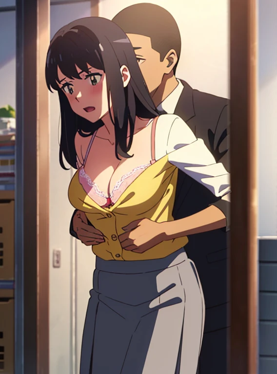 shinkai makoto, kimi no na wa., 1boy, buzzcut,office suit, boy caressing girl's body, kiss cheeks, passionate hug, boy is hugging from behind, breast groping from behind, 1girl, bangs, black hair, open mouth, brown eyes, Twisted Half Up, red ribbon, long hair, yellow blouse, open shirt, unbuttoned shirt, pink bra, cleavage, breast, medium breast, long gray skirt, storage room, indoors, masterpiece, perfect anatomy, cowboyshot