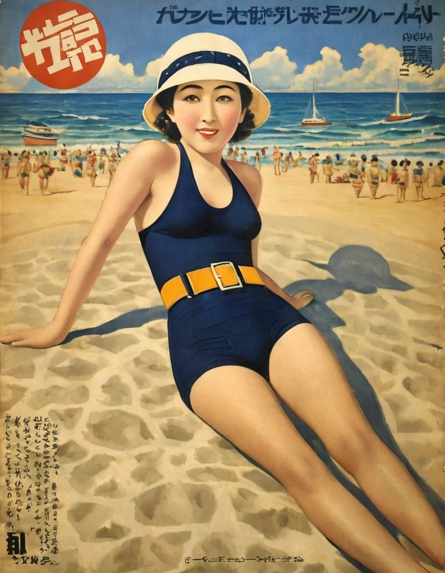 (((1930s Japanese poster)))),masterpiece、(from above:2),　　portrait,lay face down on the beach,Japanese woman,(Japanese pompadour:1.3),narrow eyes,Expressionless,geometric pattern two-piece swimsuit,(black short pants),(belt),swim cap,((she is round face)),