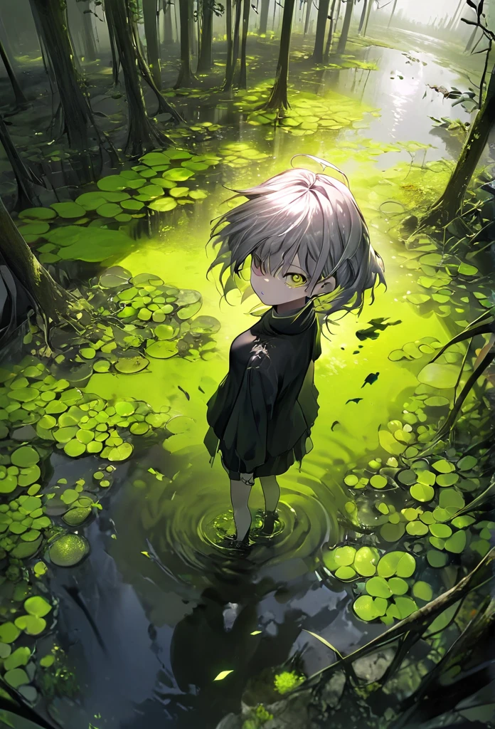 Generate an aerial angle birds eye view image of a beautiful humanoid dragon girl , face of beautiful human detailed scale photo realistic with menacing wings, color red and silver unreal engine standing , getting out from the swamp with floating algae , dynamic pose with a background full of large vines dramatic angle view high coloration 4k resolution but