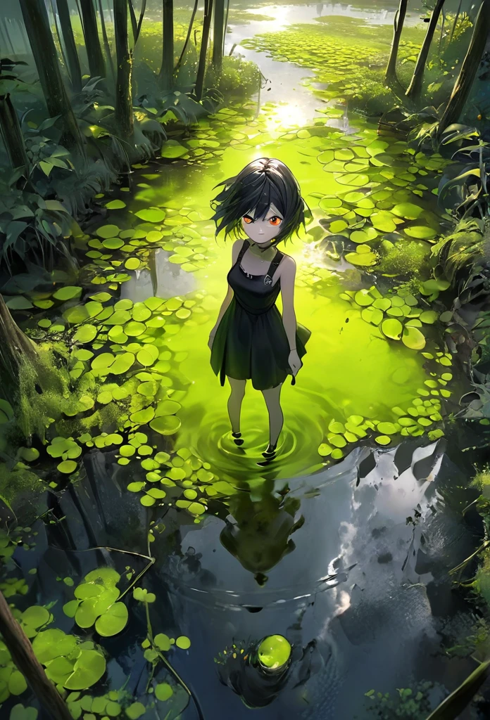 Generate an aerial angle birds eye view image of a beautiful humanoid dragon girl , face of beautiful human detailed scale photo realistic with menacing wings, color red and silver unreal engine standing , getting out from the swamp with floating algae , dynamic pose with a background full of large vines dramatic angle view high coloration 4k resolution but
