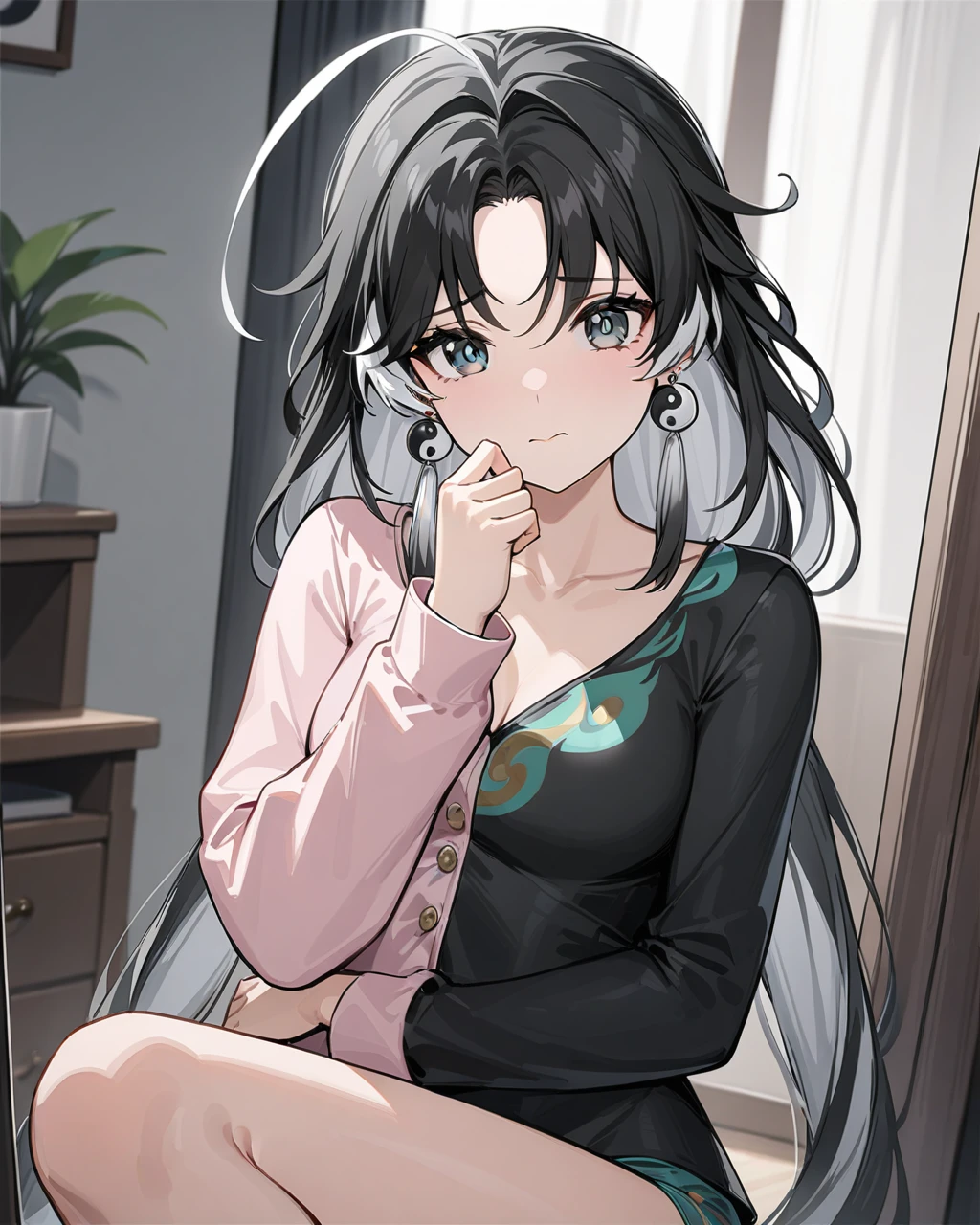 masterpiece,best quality,cute pajamas,indoors,looking at viewer,shy,
jianxin,1girl,solo,jewelry,earrings,black hair,multicolored hair,long hair,ahoge,yin yang,