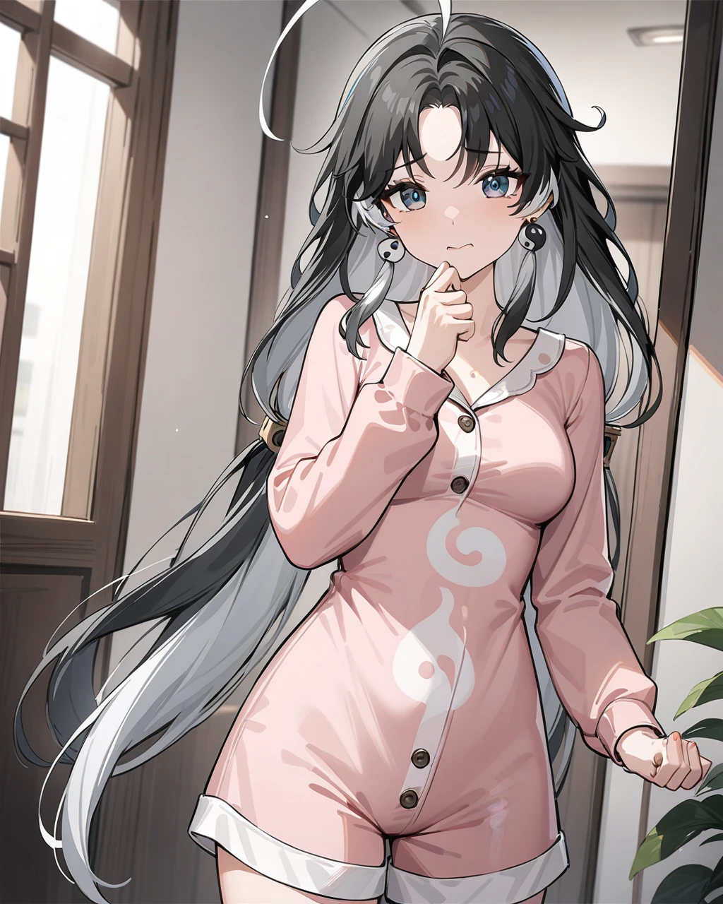 masterpiece,best quality,cute pajamas,indoors,looking at viewer,shy,
jianxin,1girl,solo,jewelry,earrings,black hair,multicolored hair,long hair,ahoge,yin yang,