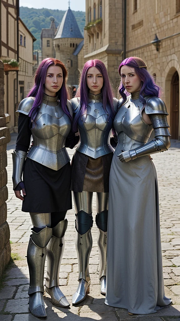 a group of women with colored hair and detailed medieval paladin dress armor, standing, medieval city with castle background
