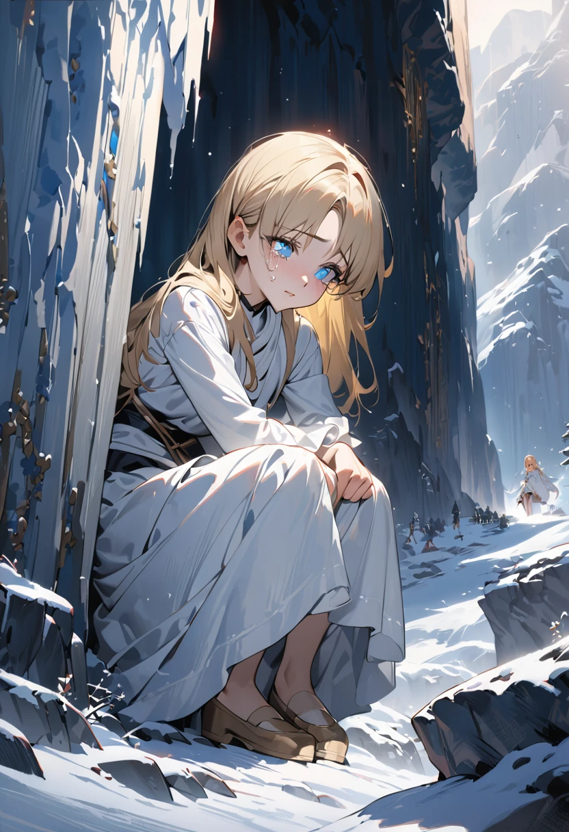 In the background, on the cliffs of a snow-covered mountain, a girl, looking thirteen or fourteen years old, with long blonde hair, dressed in a long white saree, on her knees, crying and weeping bitterly, with blue pupils and a pale face, very pitiful and beautiful picture, masterpiece, cinematographic light, masterly, impasto