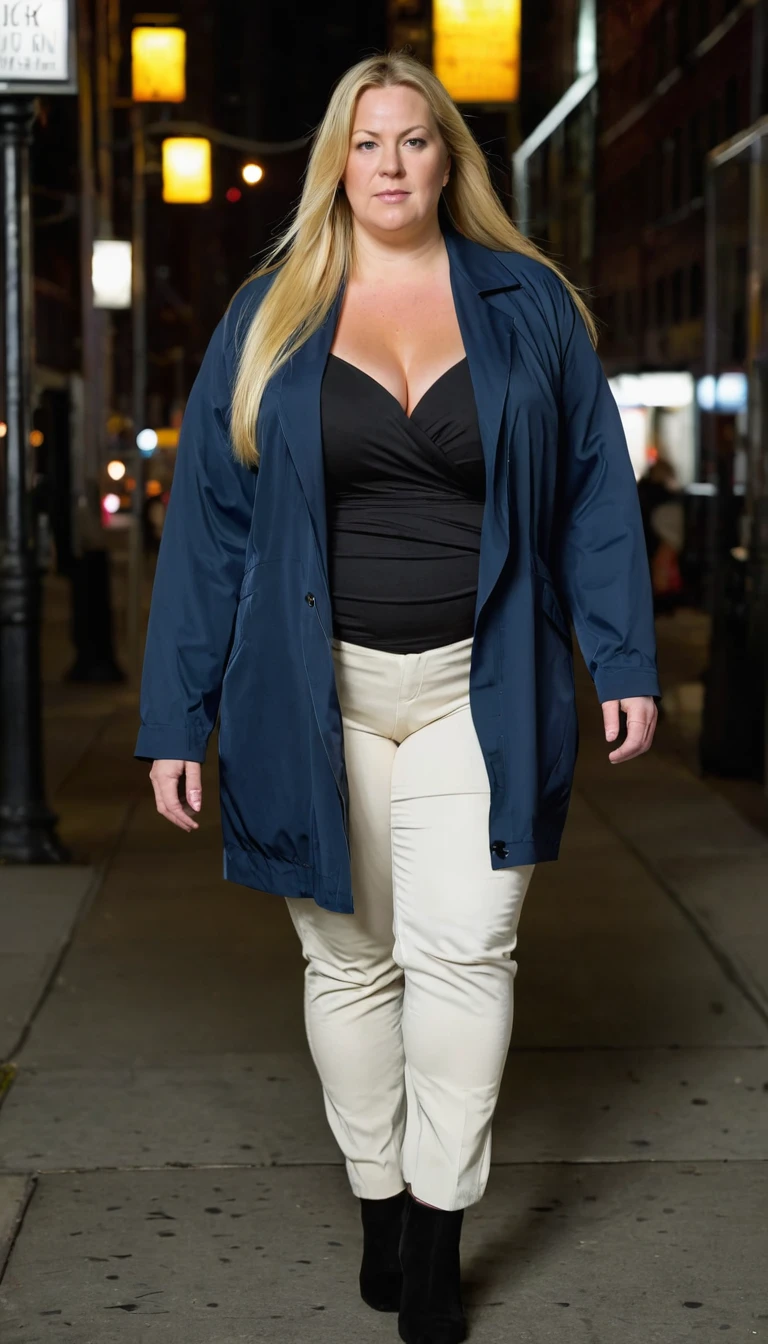 Fat woman, 40 years old white Caucasian woman walking outside, new York City, night time, long straight blonde hair, serious, chubby, bbw, casual, daily, jacket, shirt and pants, cleavage, thick thigh