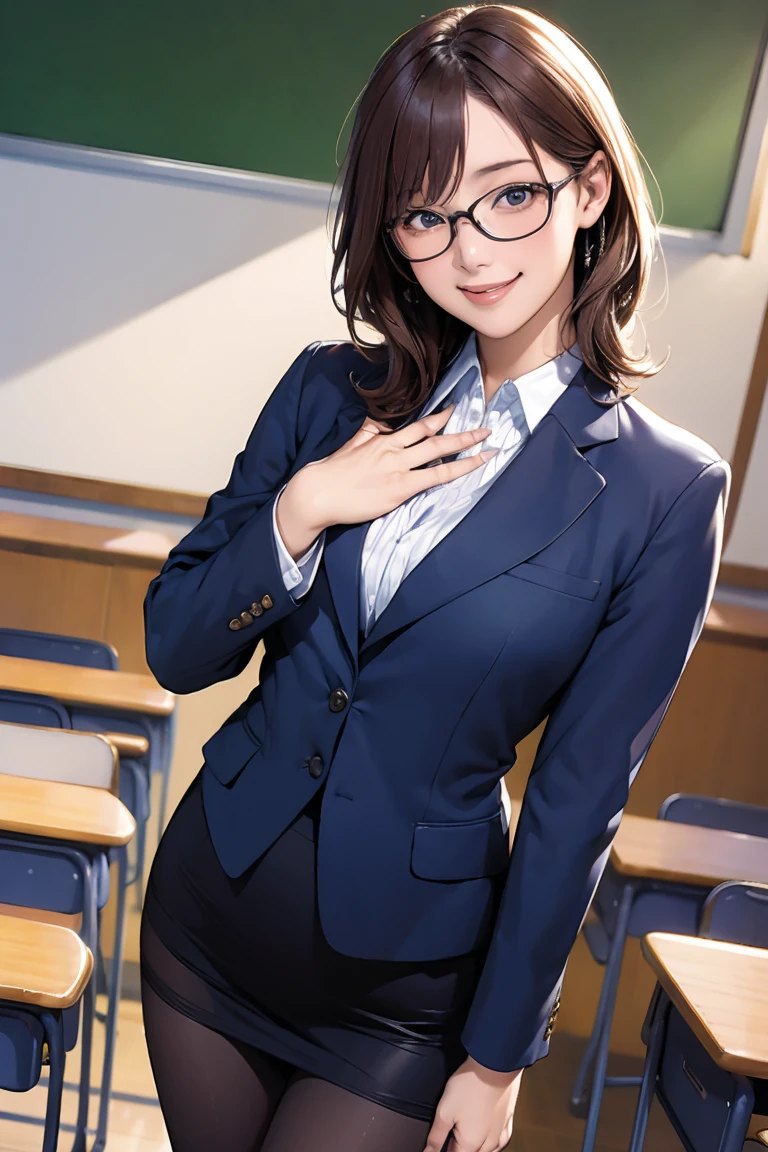 (masterpiece, best quality:1.2), cowboy shot, solo, 1girl, smile, looking at viewer, hand on own chest, glasses, formal, suit, skirt, pantyhose, classroom