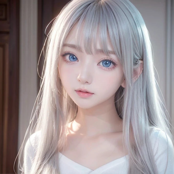 silver shiny hair、Super long straight silky hair、Dazzling blonde super long silky hair、16 years old cute little beautiful face、A beautiful girl、Sparkling blonde dancing in front of a pretty face、Long, silky bangs that cover the space between the eyes、Very beautiful, bright, large, light blue eyes、Very big eyes、Hair that hides the face、Sexy pretty young woman with super long bangs、Very white skin、Cheek gloss highlighter、Small Face Beauty、Round face、Cute Shirts、Ample Bust, embarrassed face、Skinny jeans and t-shirt、