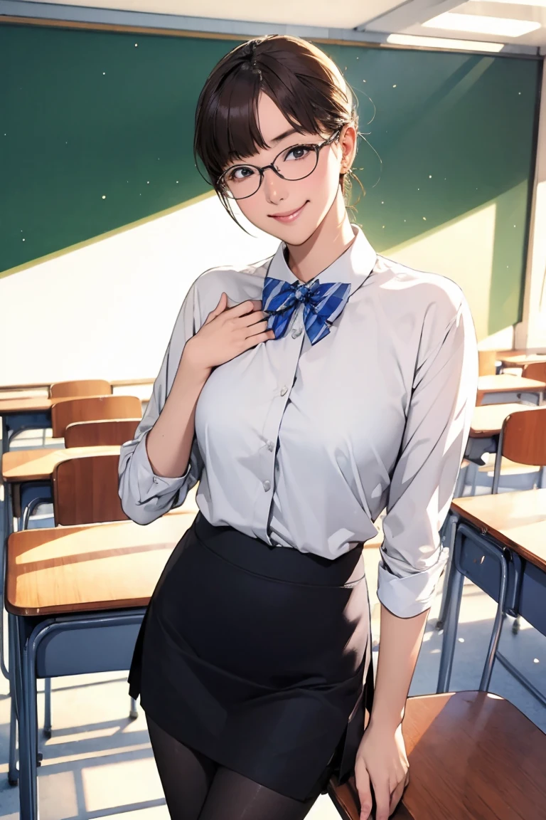 (masterpiece, best quality:1.2), cowboy shot, solo, 1girl, smile, looking at viewer, hand on own chest, glasses, formal, suit, skirt, pantyhose, classroom