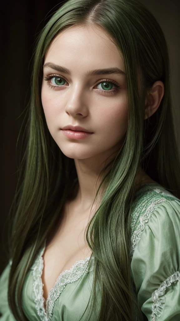 portrait, a European woman, highly detailed facial features, Captivating eyes, oval face, her hair is entirely green, Her face is very charming, wistful charm