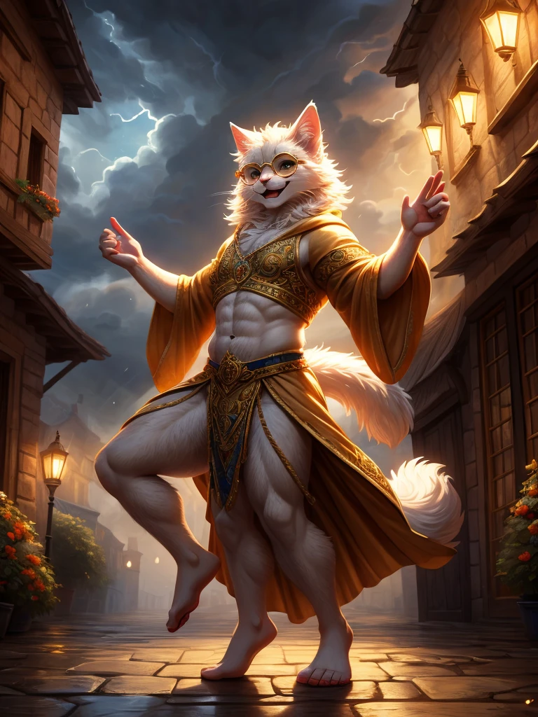 Anthro, white fluffy cat, full body, male, adult, hand paws, long fluffy tail, fluffy chest, light robe, long dancing skitt, flip flop, fancy dancer clothing, crop top, ornate clothing, blue circular eyewear, abdomen on display, serious look, warm happy expression, hairy body, 8K, dynamic lighting, ultra detailed, masterpiece, street of a medieval town, stormy weather outside