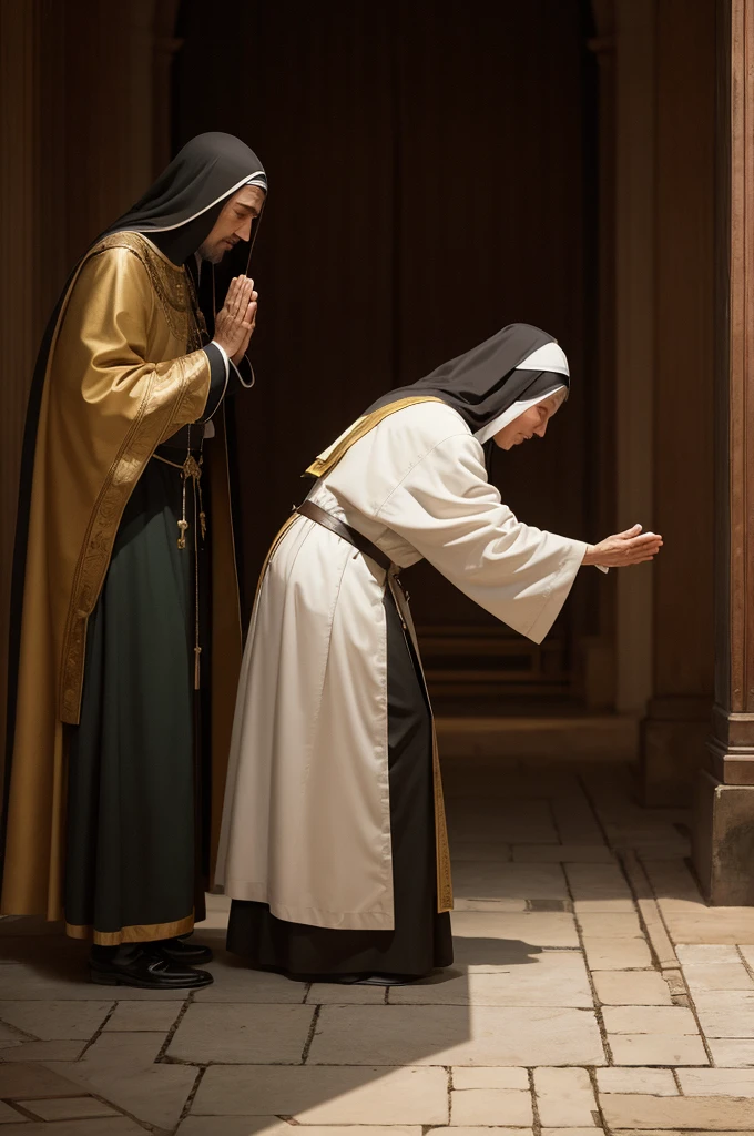 A king bowing to a nun 
