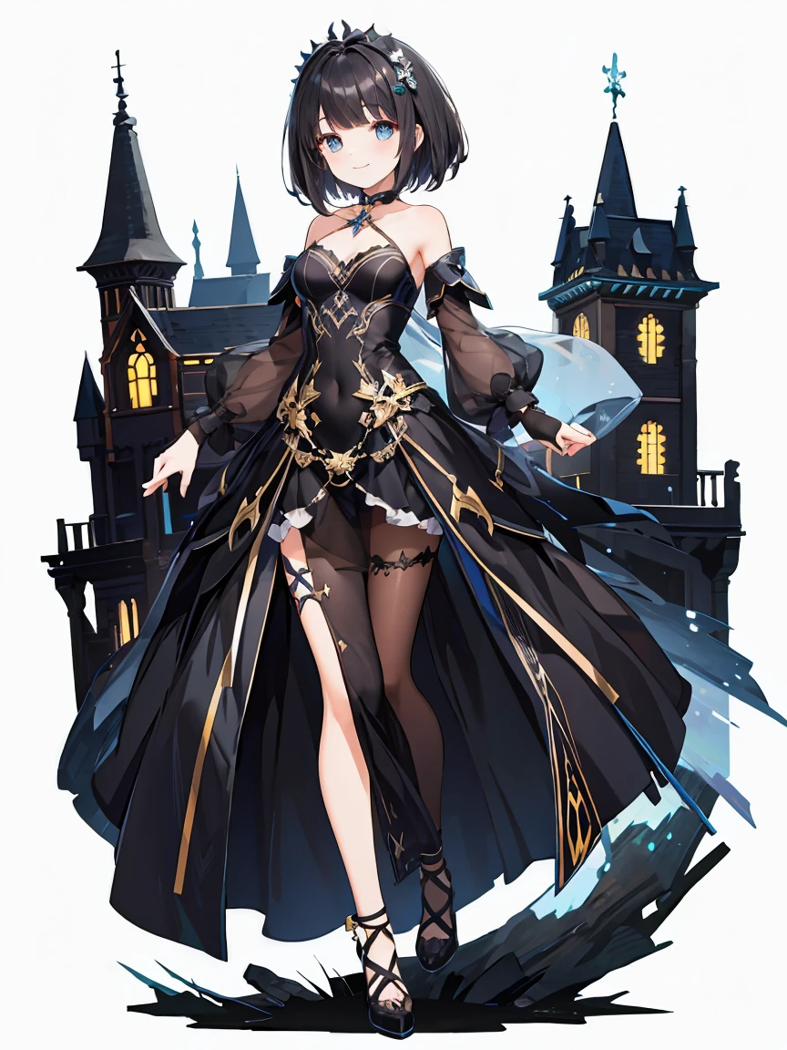 Full body ,(Masterpiece), In the building, castle, nighttime, Gothic, 1 girl, black hair, medium hair, black dress, smile, Dutch corner, (white background), Transparent background, looking down, ((masterpiece, illustration, best quality))