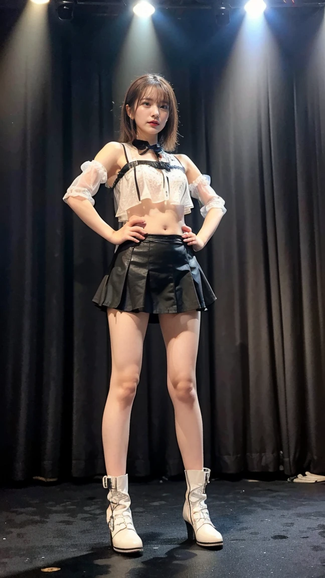 (8K、RAW Photos、Highest quality、masterpiece:1.2)、(Realistic、Realistic)、1 Girl、((Frilled mini skirt、Large Breasts、Black and White、See-through、belly button、boots、No sleeve、stage、Spotlight、View from the front、Stand with hands on hips))、