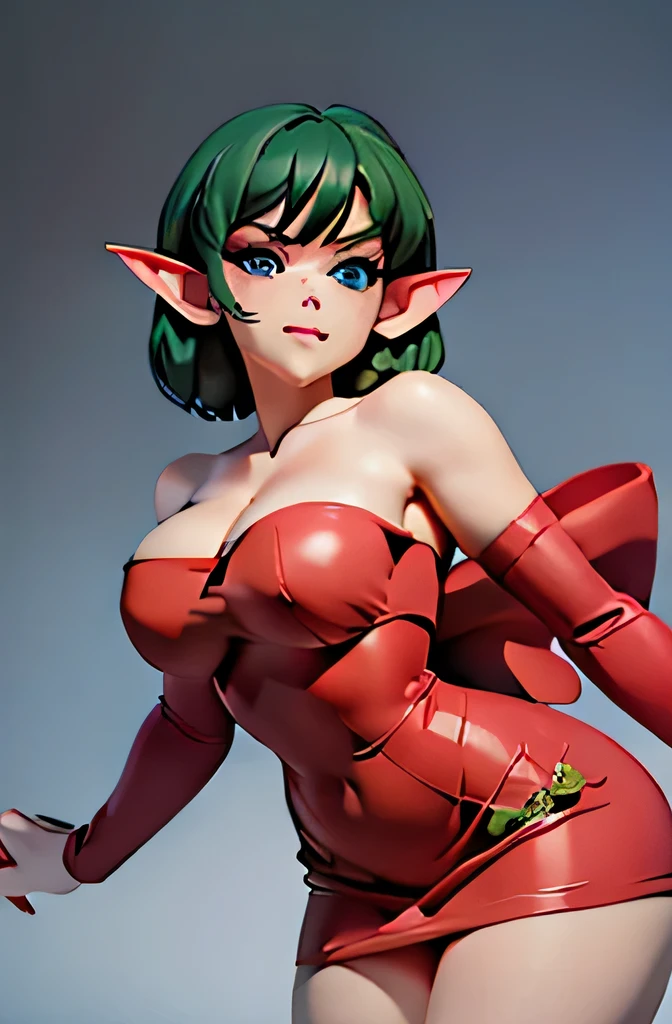 ((masterpiece,best quality,ultra-delicate,Perfect Face,16k,high resolution,very beautiful girl)),medium short green hair,Red strapless bodycon tube dress ,Red long arm sleeves,red high heels,Elf Girl,large Breasts,blue eyes,Beautiful smile,20 years old