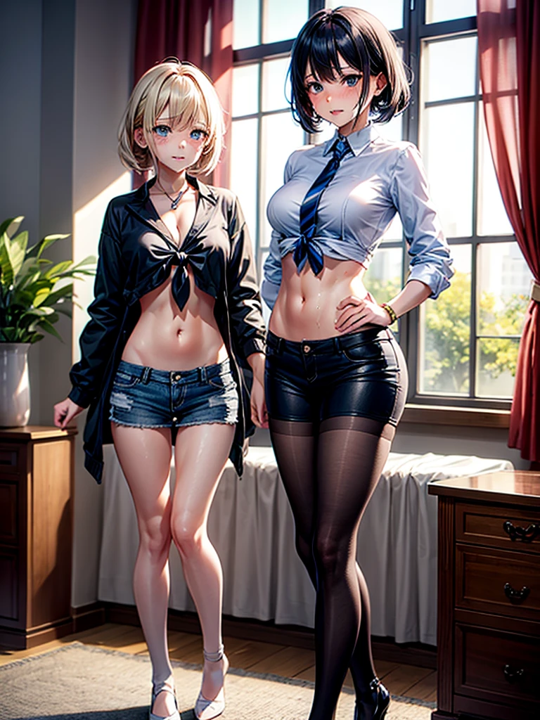 Highest quality,Highest Resolution,A beautiful American girl with a crying face holding a drink,Belly button,Abdominal muscles,mini skirt,Knee-high stockings,sweat profusely,Very beautiful eyes,(((Tie the length of your clothes))),front,whole body,Tears,Dripping saliva,Bedroom,Night view outside the window,