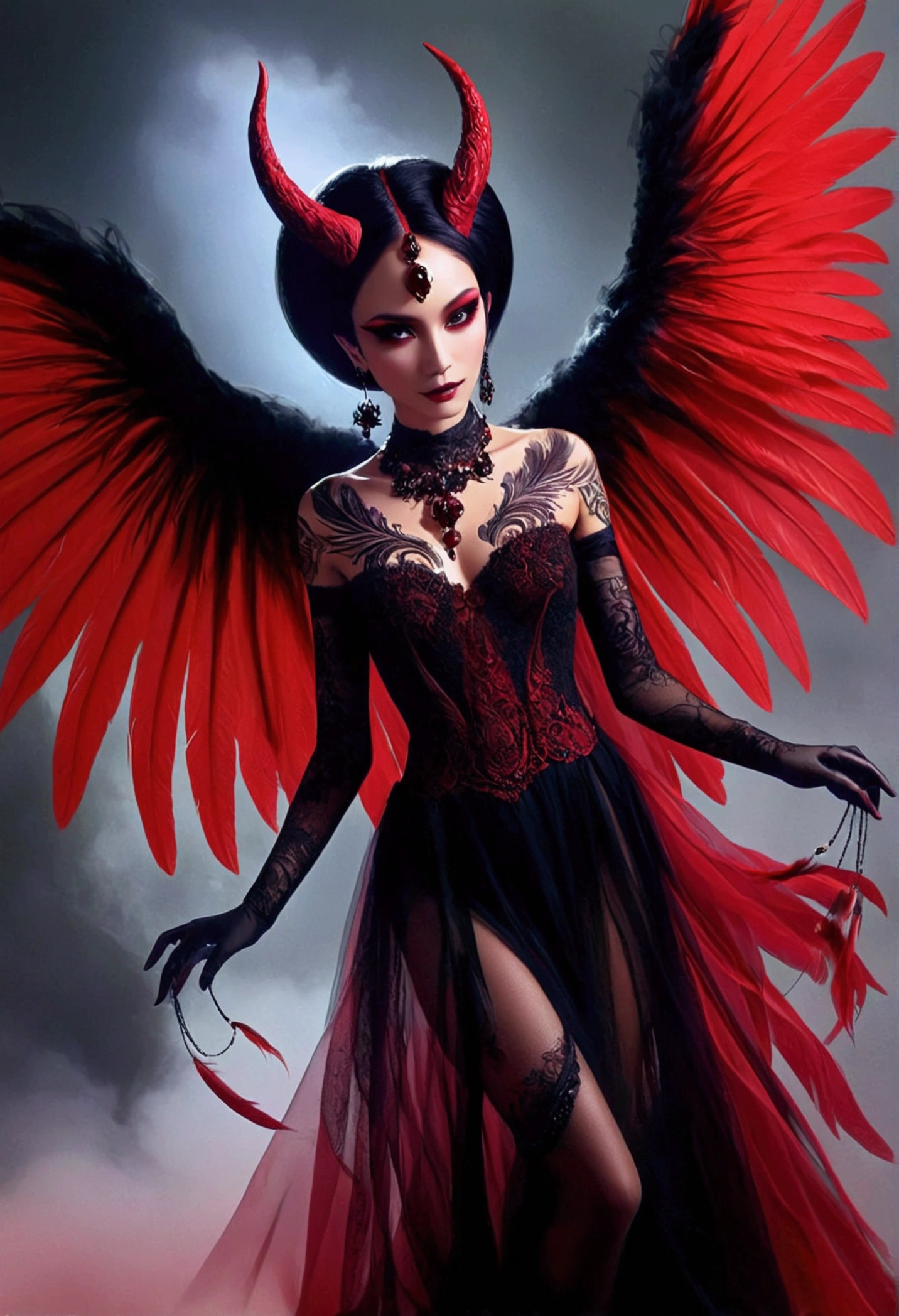 Generate images of demons with crimson wings. Give this image a captivating aura and powerful feather movement. Next, Add a devil's dress designed to emphasize the lines of the body, With feather accents to create a dark and mysterious atmosphere. reeds, Combine accessories with black or dark red headpieces, Crimson Gemstone Necklace、Matching rings and earrings. Finally, Add dark tone makeup and red or black eyeshadow、Complete the atmosphere of the devil.