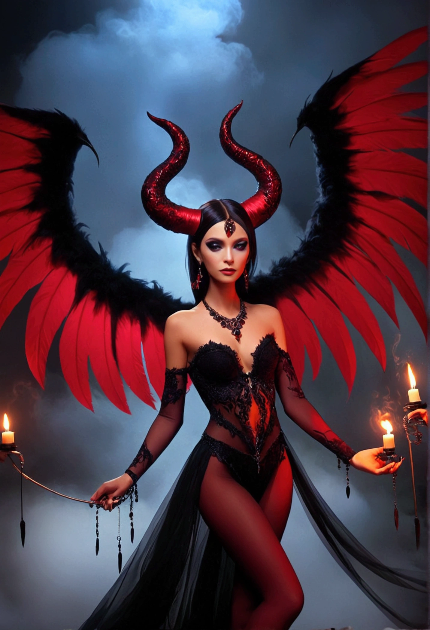 Generate images of demons with crimson wings. Give this image a captivating aura and powerful feather movement. Next, Add a devil's dress designed to emphasize the lines of the body, With feather accents to create a dark and mysterious atmosphere. reeds, Combine accessories with black or dark red headpieces, Crimson Gemstone Necklace、Matching rings and earrings. Finally, Add dark tone makeup and red or black eyeshadow、Complete the atmosphere of the devil.