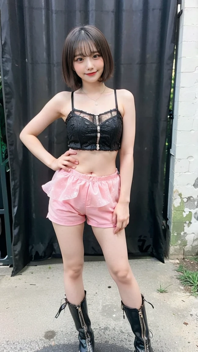 (8K、RAW Photos、Highest quality、masterpiece:1.2)、(Realistic、Realistic)、1 Girl、((Black and pink dress、belly button、Shorts、See-through、Big Breasts、View from the front、stage、Spotlight、smile、Bustier、smile、whole body、short boots、Stand with hands on hips))、Lots of eyelashes、Glowing eyelids、skeletally correct