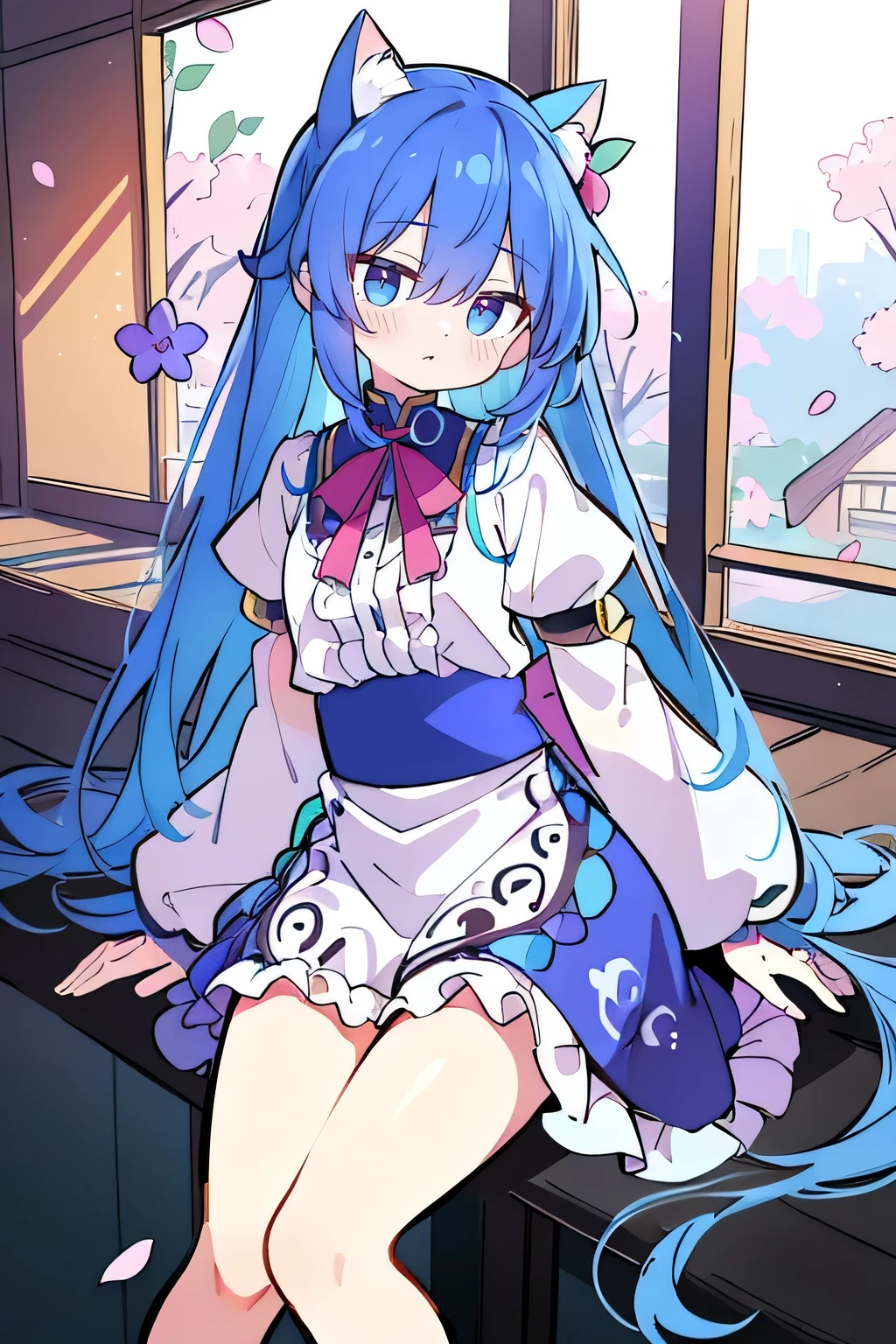 （masterpiece：1.2），Super detailed，lifelike，Expressive eyes，fair skin，perfect face shape，1 girl，
Japanese comics,Gorgeous blue hair,flowing blue hair,flowing clothes,Cat ears,Petals fall,beautiful lola,Baby Angel,
，Cross your legs，Gentle and peaceful background，The pavilion is cool and comfortable, 